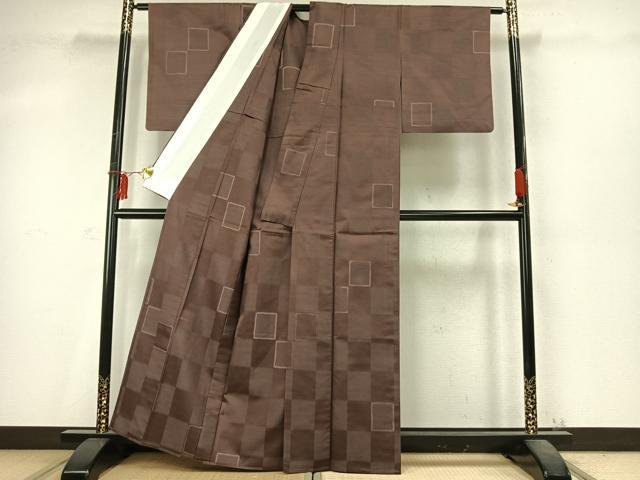 平和屋着物▽上質な紬 単衣 市松文様 正絹 逸品 AABD0373fy