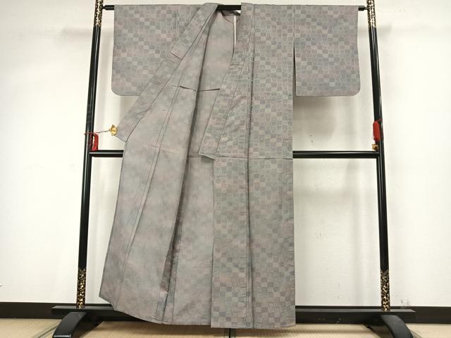 平和屋着物▽お召 単衣 黄金糸 市松文様 正絹 逸品 AABD0416fy