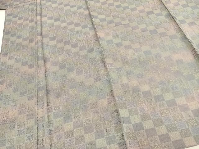 平和屋着物▽お召 単衣 黄金糸 市松文様 正絹 逸品 AABD0416fy