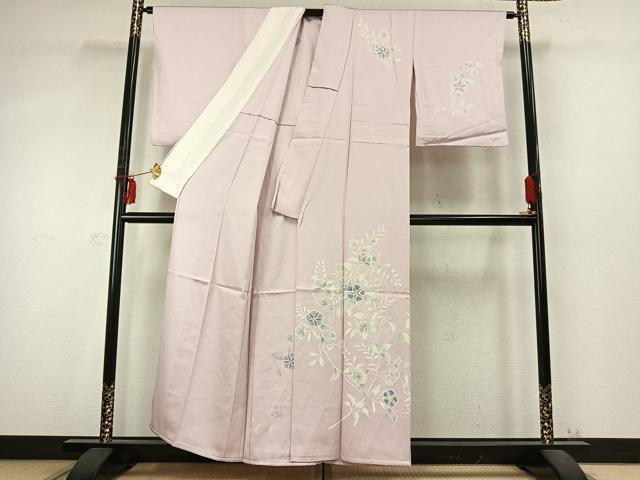 平和屋着物▽訪問着 単衣 枝花文 銀糸 正絹 逸品 AABD0426fy