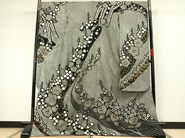 平和屋着物●豪華振袖 絞り 舞花文 黒地 金彩 ロング丈 正絹 逸品 AABD0539fy