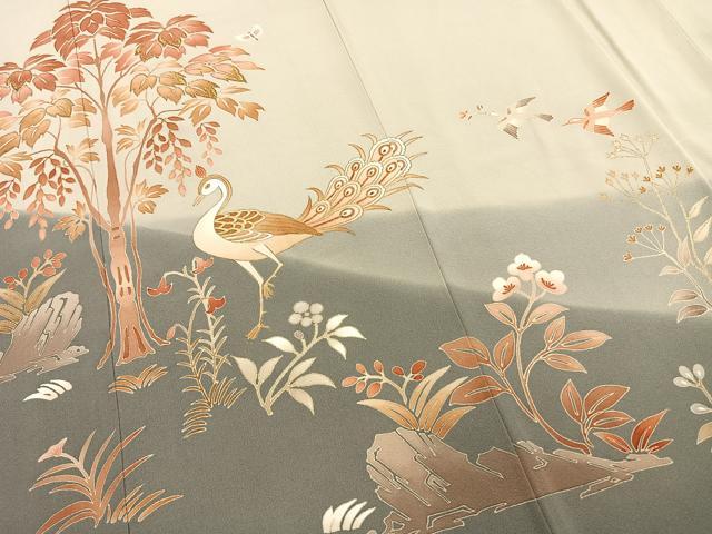 平和屋着物●豪華色留袖 舞蝶花鳥文 暈し染め 金糸 金彩 正絹 逸品 AABD0564fy