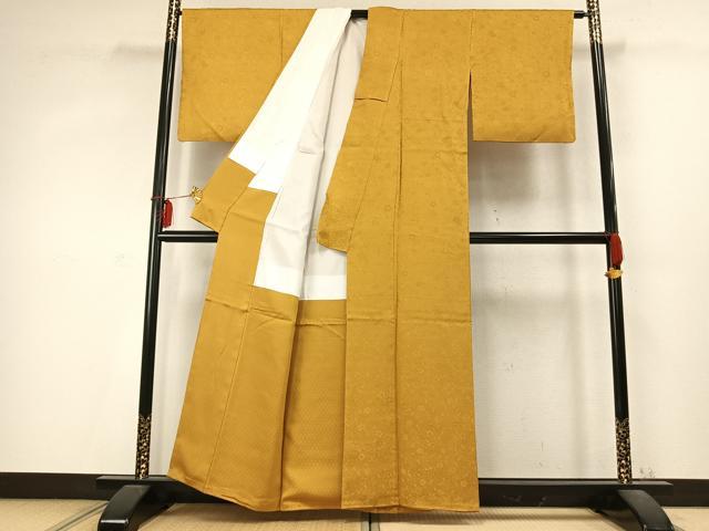 平和屋着物●上質な色無地 草花地紋 金色色 正絹 逸品 AABD0575fy