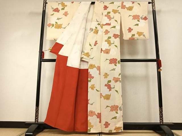 平和屋着物▼上質な小紋 草花文 地紋起こし 正絹 逸品 AABD0608fy