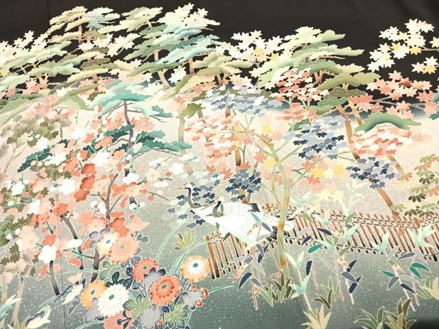 平和屋着物●豪華黒留袖 友禅 作家物 風景花鳥文 暈し染め 黒地 正絹 逸品 AABD0640fy