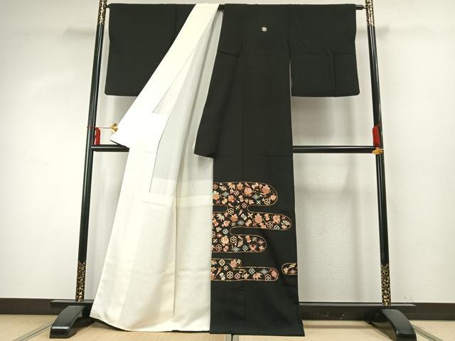 平和屋着物●豪華黒留袖 駒刺繍 宝尽くし文様 黒地 正絹 逸品 AABD0674fy