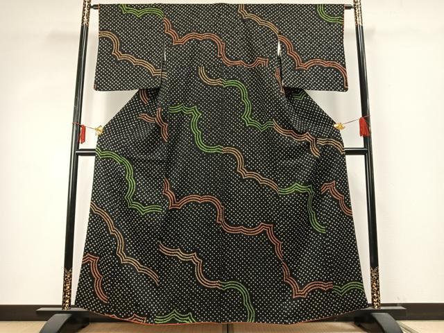 平和屋着物●上質な紬 絞り 幾何学文様 黒地 正絹 逸品 AABD0680fy