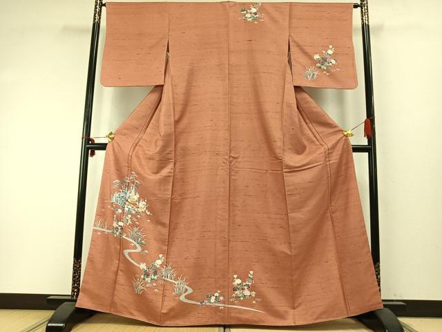 平和屋着物●訪問着 友禅 紬地 風景草花文 正絹 逸品 AABD0710fy