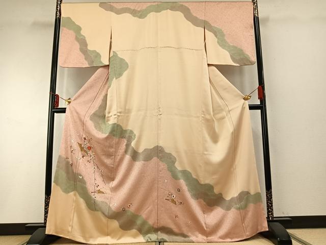 平和屋着物●訪問着 駒刺繍 扇面花文 金彩 正絹 逸品 AABD0739fy