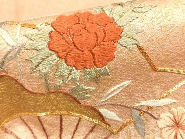 平和屋着物●訪問着 駒刺繍 扇面花文 金彩 正絹 逸品 AABD0739fy