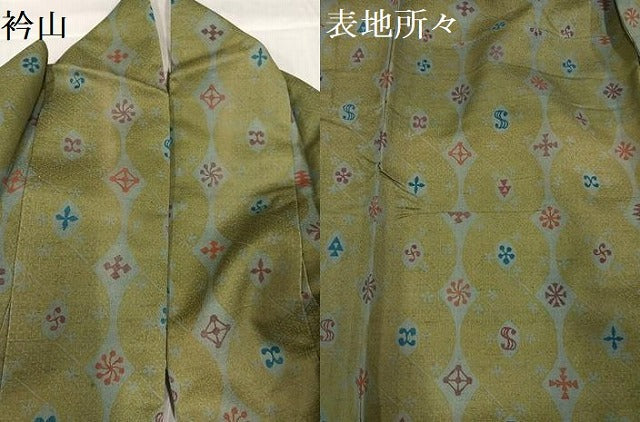 平和屋着物●上質な小紋 紬地 型染め 舞花文 油色地 正絹 逸品 AABD0805ph