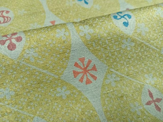 平和屋着物●上質な小紋 紬地 型染め 舞花文 油色地 正絹 逸品 AABD0805ph