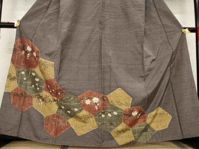 平和屋着物●訪問着 紬地 草花文 金銀彩 正絹 逸品 AABD0878ck