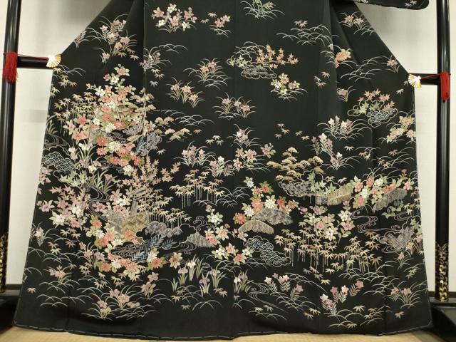 平和屋着物●訪問着 風景花籬文 黒地 金彩 鬼しぼ縮緬 正絹 逸品 AABD0919ck