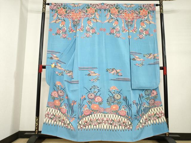 平和屋着物●本場琉球紅型 振袖 飛鶴花籬文 正絹 逸品 AABD0958ck