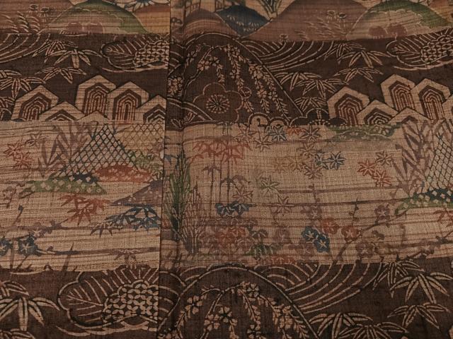 平和屋着物●訪問着 紬地 型染め 風景草花文 正絹 逸品 AABD1001ph