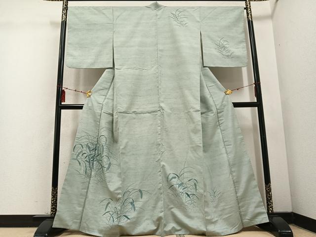 平和屋着物●訪問着 紬地 型染め 草木文 正絹 逸品 AABD1033ph