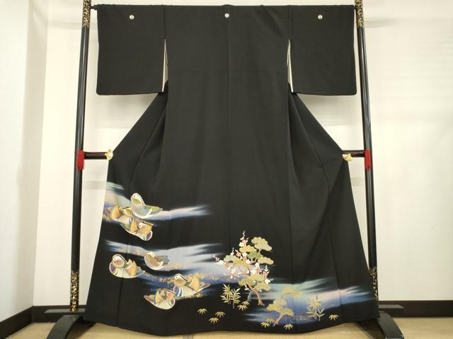 平和屋着物●豪華黒留袖 駒刺繍 鴛鴦松文 暈し染め 金彩 正絹 逸品 AABD1118ck