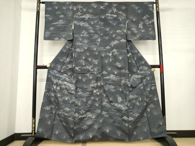 平和屋着物●上質な小紋 紬地 人物風景文 鹿 ろうけつ染 正絹 逸品 AABD1137ck