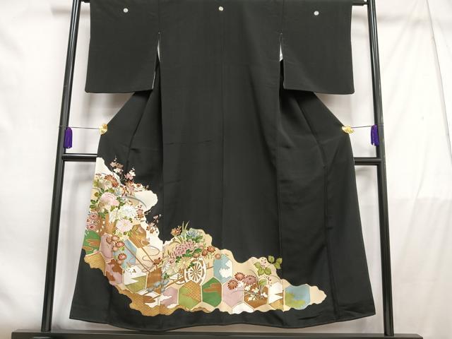 平和屋着物□豪華黒留袖 刺繍 花車文 金彩 金銀糸 正絹 逸品 AABD2299oa