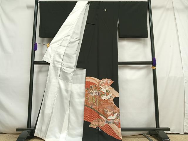 平和屋着物■豪華黒留袖 駒刺繍 扇面御所車飛鶴花文 金彩 正絹 逸品 AABD2318oa