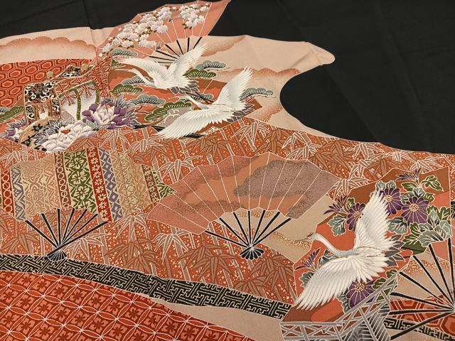 平和屋着物■豪華黒留袖 駒刺繍 扇面御所車飛鶴花文 金彩 正絹 逸品 AABD2318oa