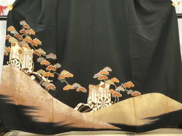 平和屋着物■豪華黒留袖 駒刺繍 御所車松文 金銀彩 正絹 逸品 AABD2520cs