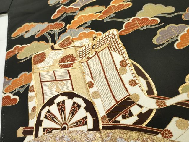 平和屋着物■豪華黒留袖 駒刺繍 御所車松文 金銀彩 正絹 逸品 AABD2520cs