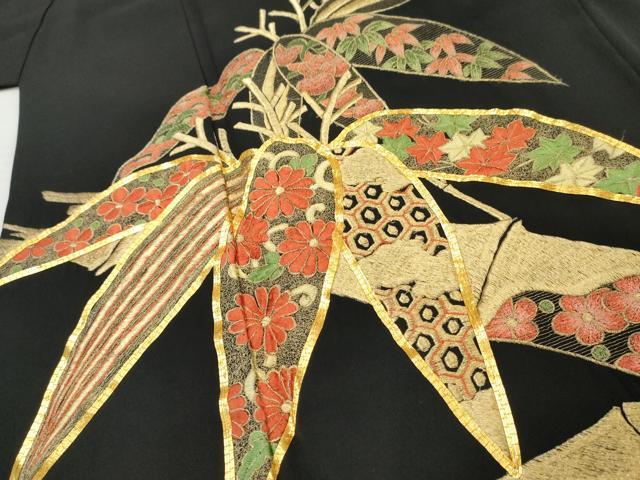 平和屋着物■豪華黒留袖 駒刺繍 笹竹花唐草文 金糸 正絹 逸品 AABD2524cs
