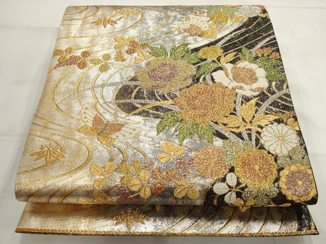 平和屋着物▽六通柄袋帯 流水花蝶文 金銀糸 正絹 逸品