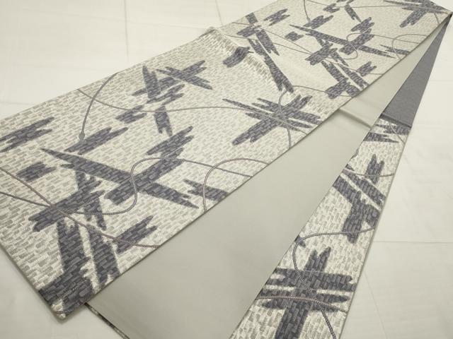 平和屋着物▼六通柄袋帯 幾何学文様 銀通し地 正絹 逸品 AABD2908wj