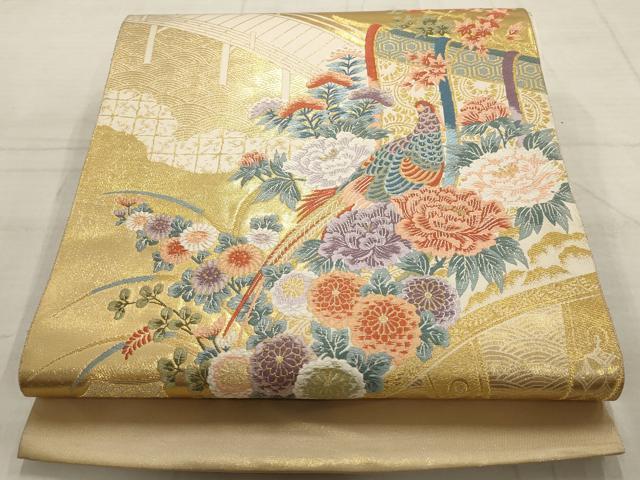 平和屋着物▼六通柄袋帯 唐織 花鳥文 金糸 正絹 逸品 AABD2951wj