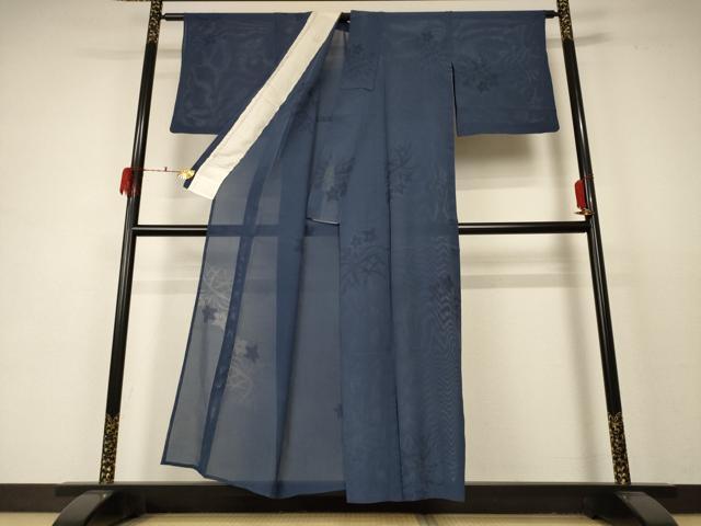 平和屋着物*夏物 色無地 縦絽 草花紋紗 藍鉄色 正絹 逸品 AABD3313jd