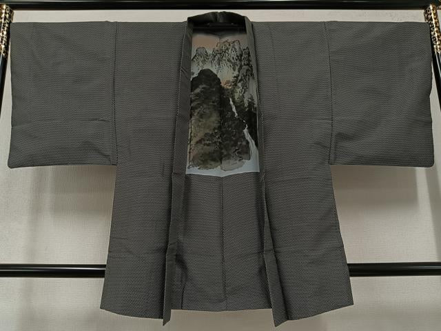 平和屋着物●男性 紬 アンサンブル 亀甲絣 黒地 正絹 逸品 AABD3424ph