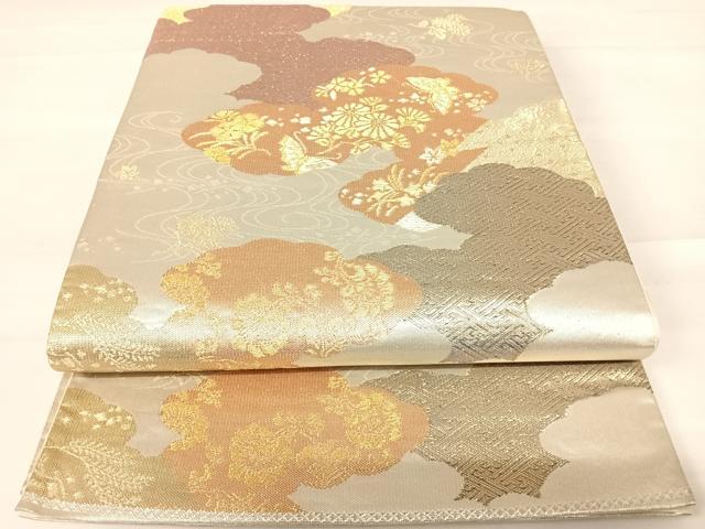 平和屋着物◎六通柄袋帯 吉祥花文 金銀糸 正絹 逸品 AABD3488yx