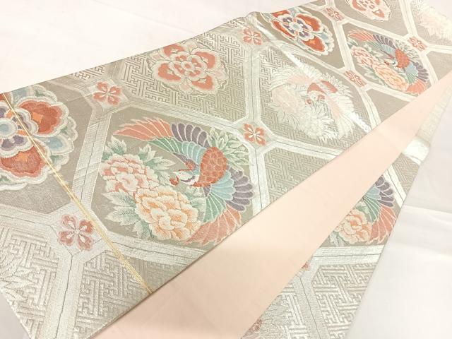 平和屋着物◎六通柄袋帯 蜀江花鳥文 銀糸 正絹 逸品 AABD3489yx