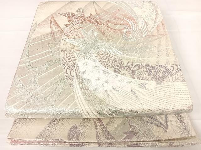 平和屋着物◎六通柄袋帯 唐織 孔雀花文 銀糸 正絹 逸品 AABD3506yx