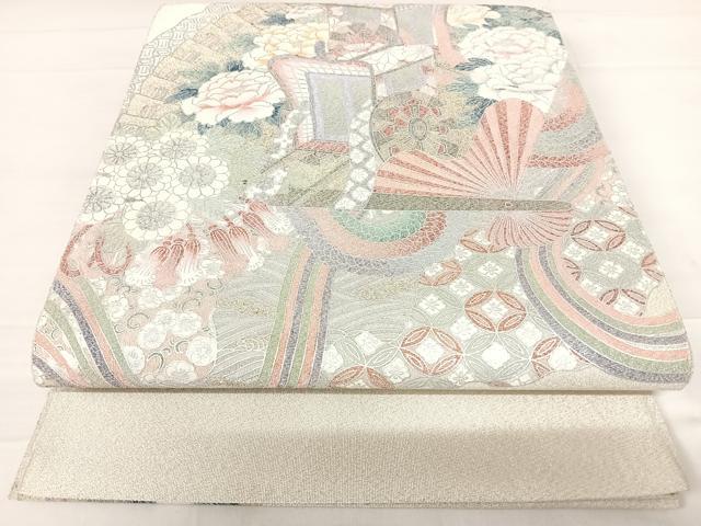 平和屋着物◎綴れ 太鼓柄袋帯 御所車花文 銀彩 正絹 逸品 AABD3514yx
