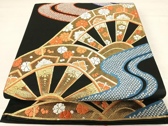 平和屋着物◎六通柄袋帯 唐織 秀華煌輝文 黒地 金銀糸 正絹