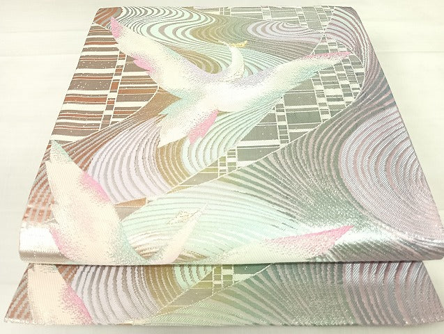 平和屋着物◎六通柄袋帯 流水飛鳥文 金銀糸 正絹 逸品 AABD3517yx