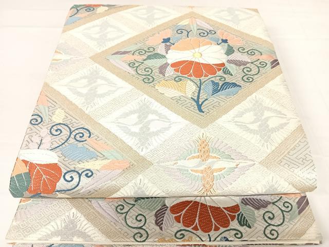 平和屋着物◎六通柄袋帯 双鶴花文 白金箔 正絹 逸品 AABD3534yx