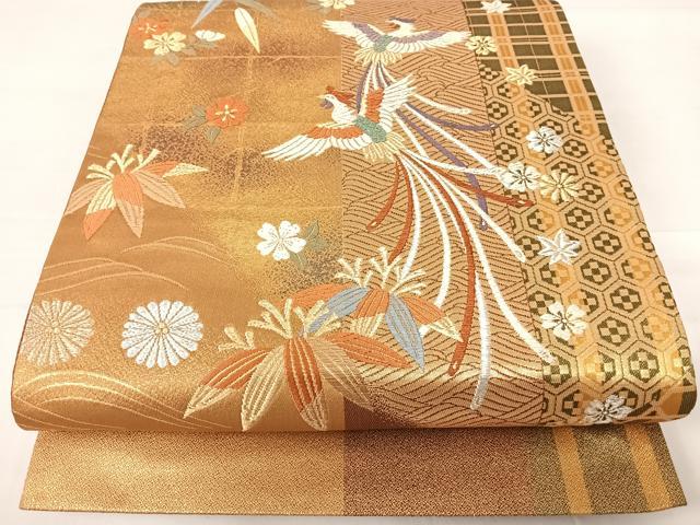 平和屋着物◎六通柄袋帯 唐織 尾長鳥花文 金銀糸 正絹 逸品 AABD3593yx