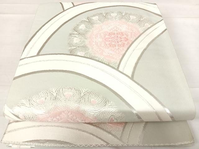 平和屋着物◎六通柄袋帯 唐織 孔雀花文 銀糸 正絹 逸品 AABD3606yx