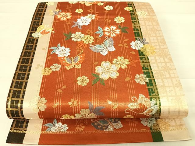 平和屋着物◎六通柄袋帯 唐織 花蝶文 金銀糸 正絹 逸品 AABD3627yx