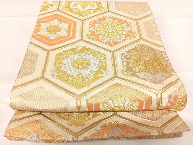 平和屋着物◎六通柄袋帯 亀甲花文 金銀糸 正絹 逸品 AABD3630yx