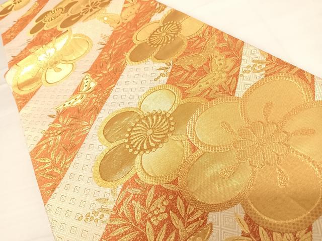 平和屋着物◎佐賀錦 六通柄袋帯 花蝶文 南天 金糸 正絹 逸品 AABD3662yx