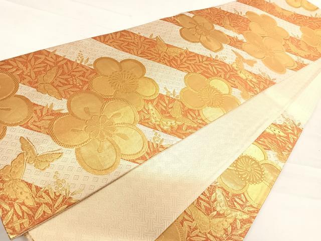 平和屋着物◎佐賀錦 六通柄袋帯 花蝶文 南天 金糸 正絹 逸品 AABD3662yx