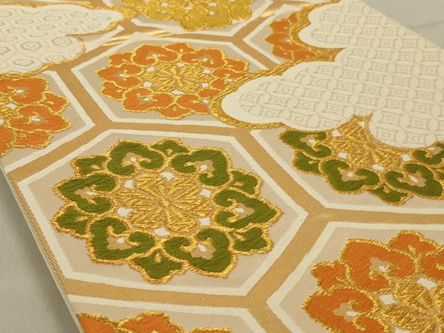 平和屋着物◎六通柄袋帯 唐織 亀甲花文 金糸 正絹 逸品 AABD3737ou