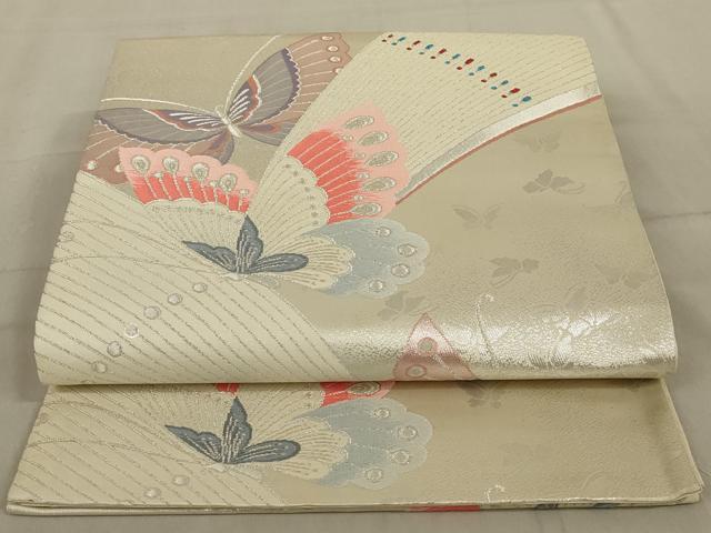 平和屋着物◎六通柄袋帯 舞蝶文 銀糸 正絹 逸品 AABD3742ou