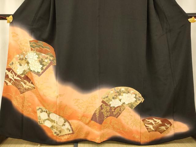 平和屋着物■豪華黒留袖 枝花地紙文 暈し染め 金銀彩 正絹 逸品 AABD3912fw